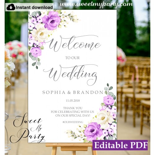Purple Ivory welcome sign template,Floral welcome sign template, (144)